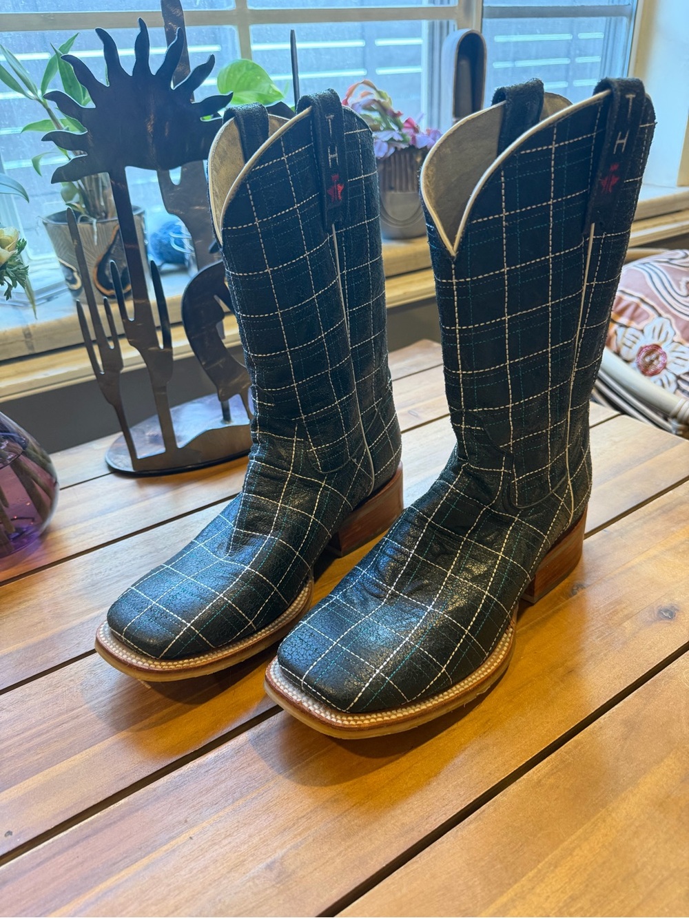 Tin Haul Black Plaid Cowboy Boots with Brown Soles